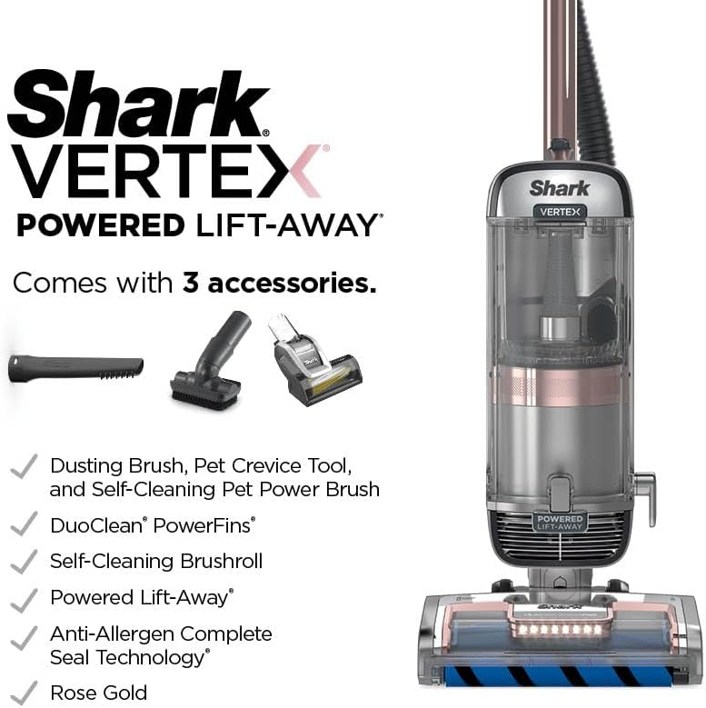 Shark AZ2002 Vertex Powered Lift-Away Upright Vacuum with DuoClean PowerFins, Self-Cleaning Brushroll, Large Dust Cup, Pet Crevice Tool, Dusting Brush & Power Brush, Silver/Rose Gold