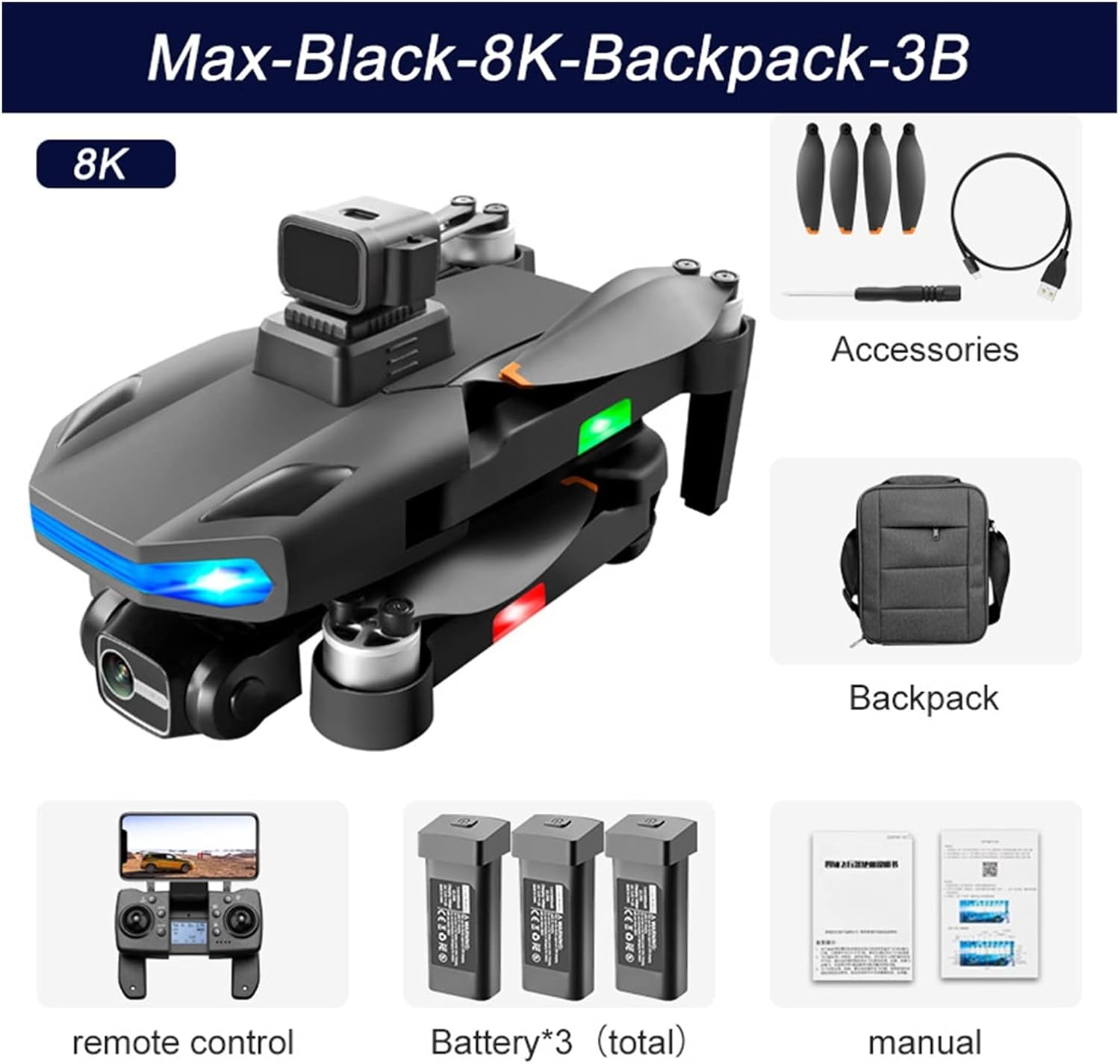 GPS Drone 8K Professional Dual Camera 5G WiFi FPV Brushless Motor Folding Quadcopter RC Distance 1500M (Color : Max Black 8K Bag 3B Size : 1)