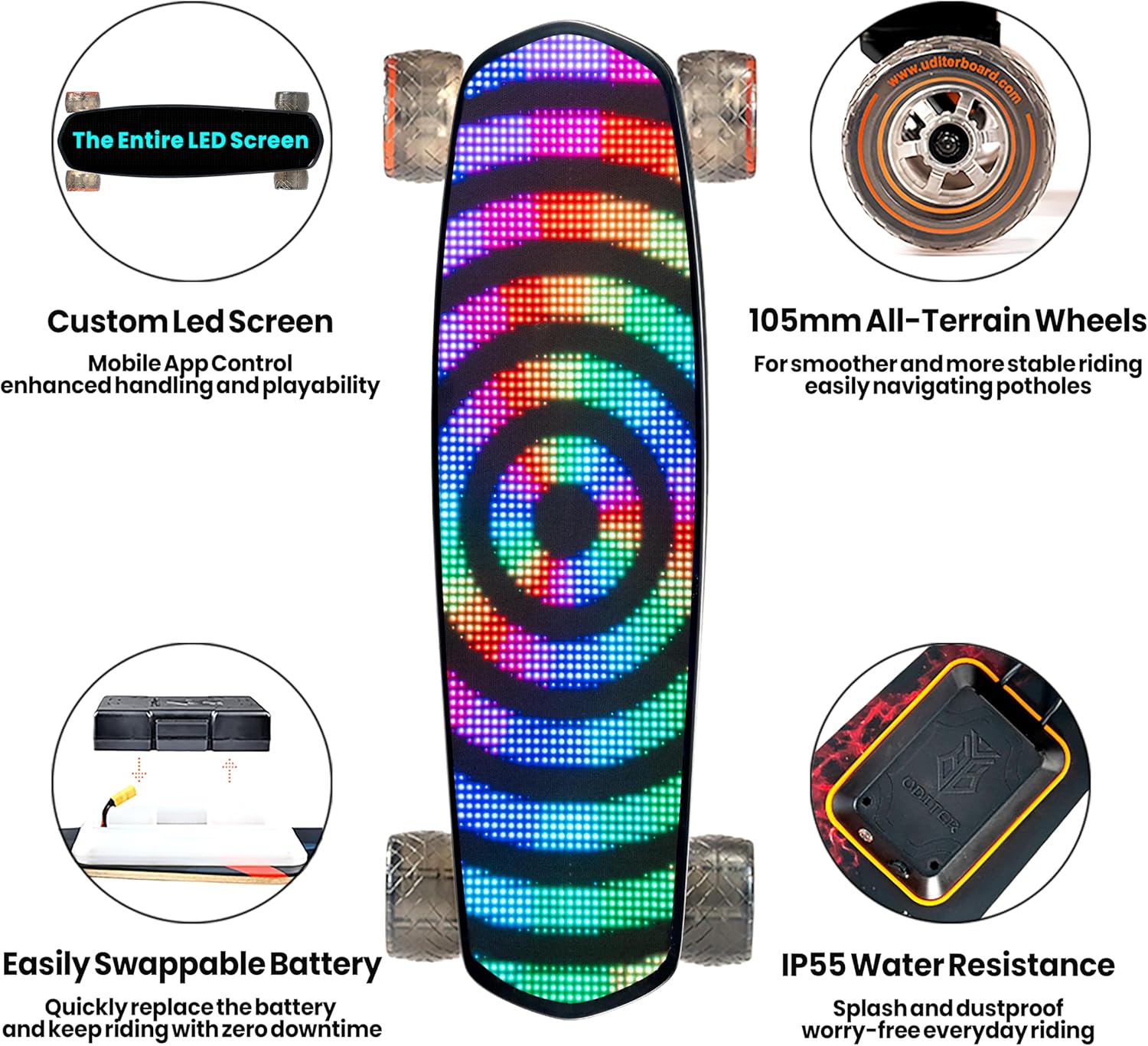 Electric Skateboard with Remote, Max 600W×2 Hub-Motors, Swappable Battery, Up to 28 MPH, 12–25 Miles Range, 4 Speed Modes, Electric Longboard for Adults & Beginners (Flamo / S3 / Pixel Series)