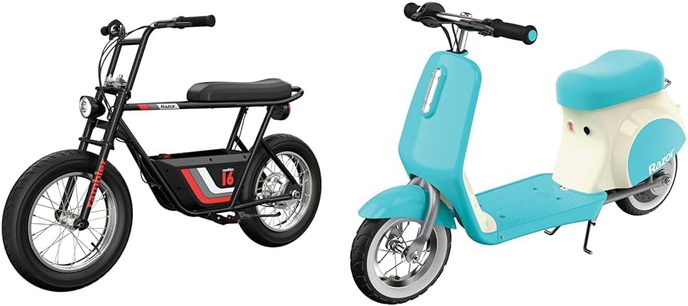 Razor Rambler 16 – 36V Electric Minibike with Retro Style, Up to 15.5 MPH, Up to 11.5 Miles Range & Pocket Mod Petite - 12V Miniature Euro-Style Electric Scooter for Ages 7+