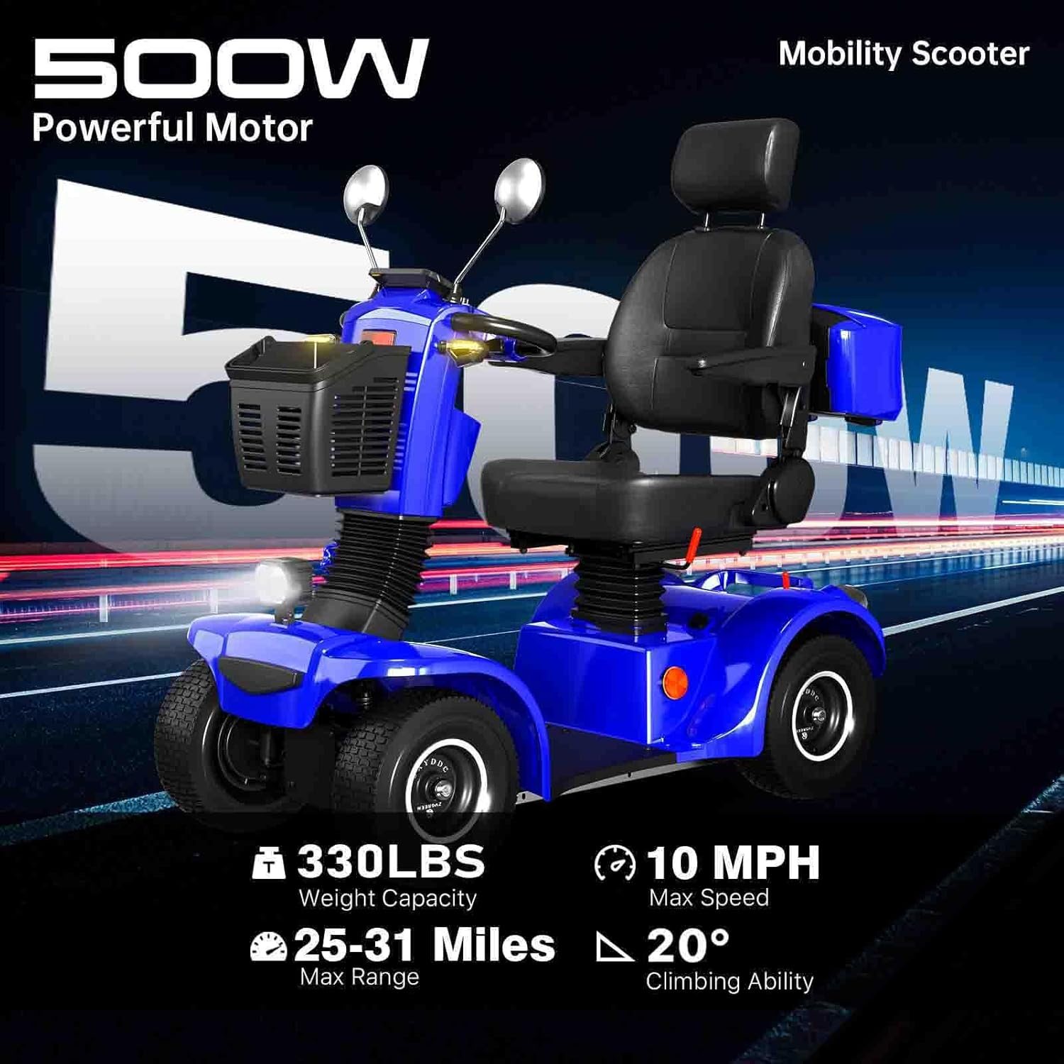 All Terrain Mobility Scooter for Seniors,Handicap Scooters for Adults with 3-Speed Travel Long for Adults Power 500 lb Capacity Scooter,Blue