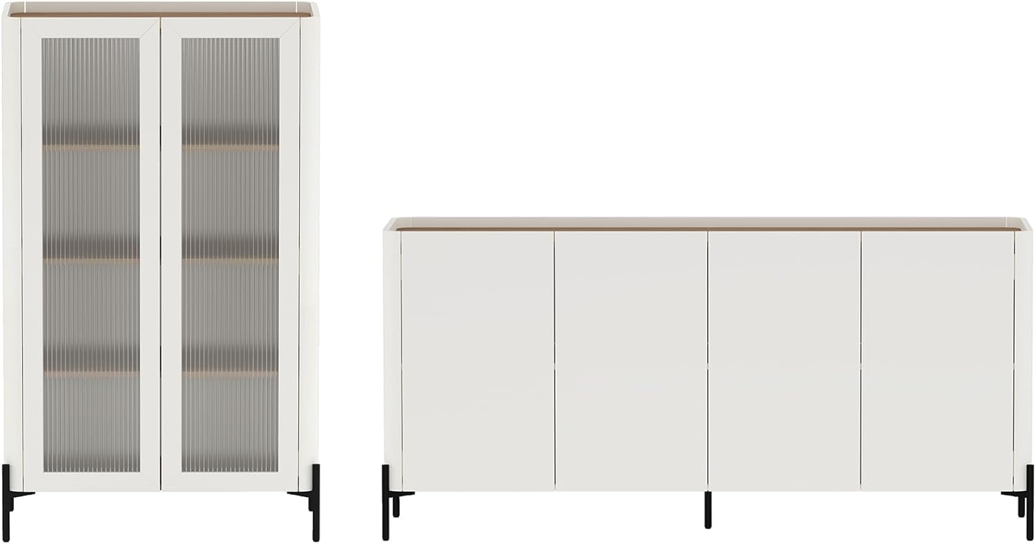 Manhattan Comfort Abbey Bookcase and 67 Inch Sideboard 2 Piece Set with Adjustable Shelves, Soft Close Doors, Tray Top Modern Storage Cabinet for Living Room, Dining Room Office in Maple and Off White