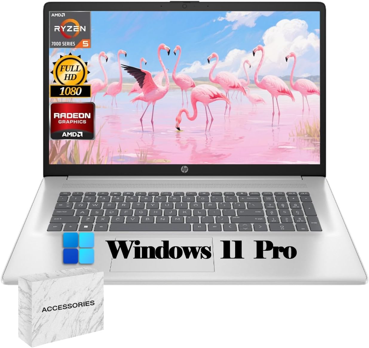 HP 17.3-inch Laptop, 1920 * 1080 FHD Display, Windows 11 Pro, AMD Ryzen 5 7430U, Students and Business, 64GB Memory, 2TB SSD, Webcam, Wi-Fi, Bluetooth, w/Accessories