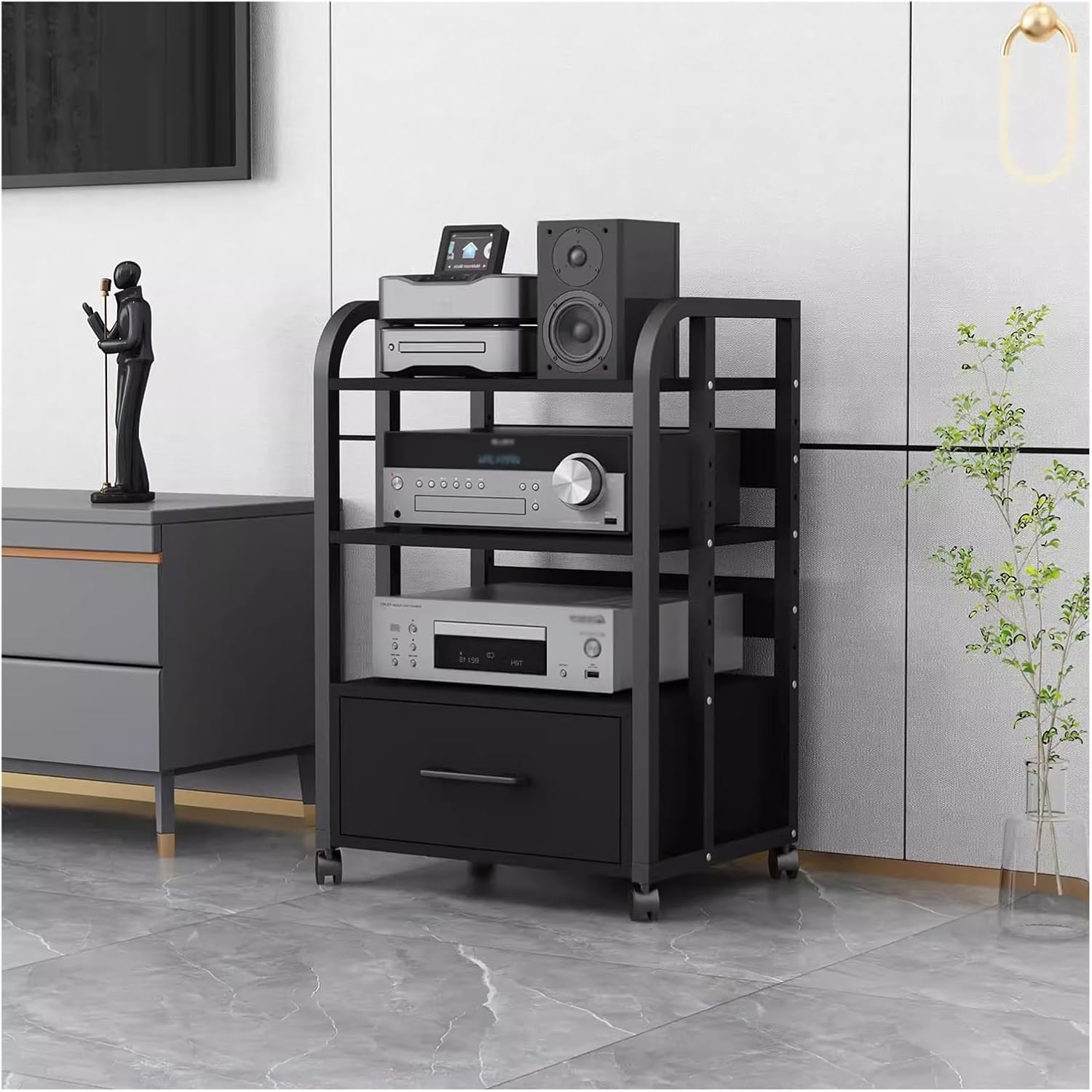 JYHHCYS Home Stereo Rack System with Height-Adjustable Shelf & Wheels