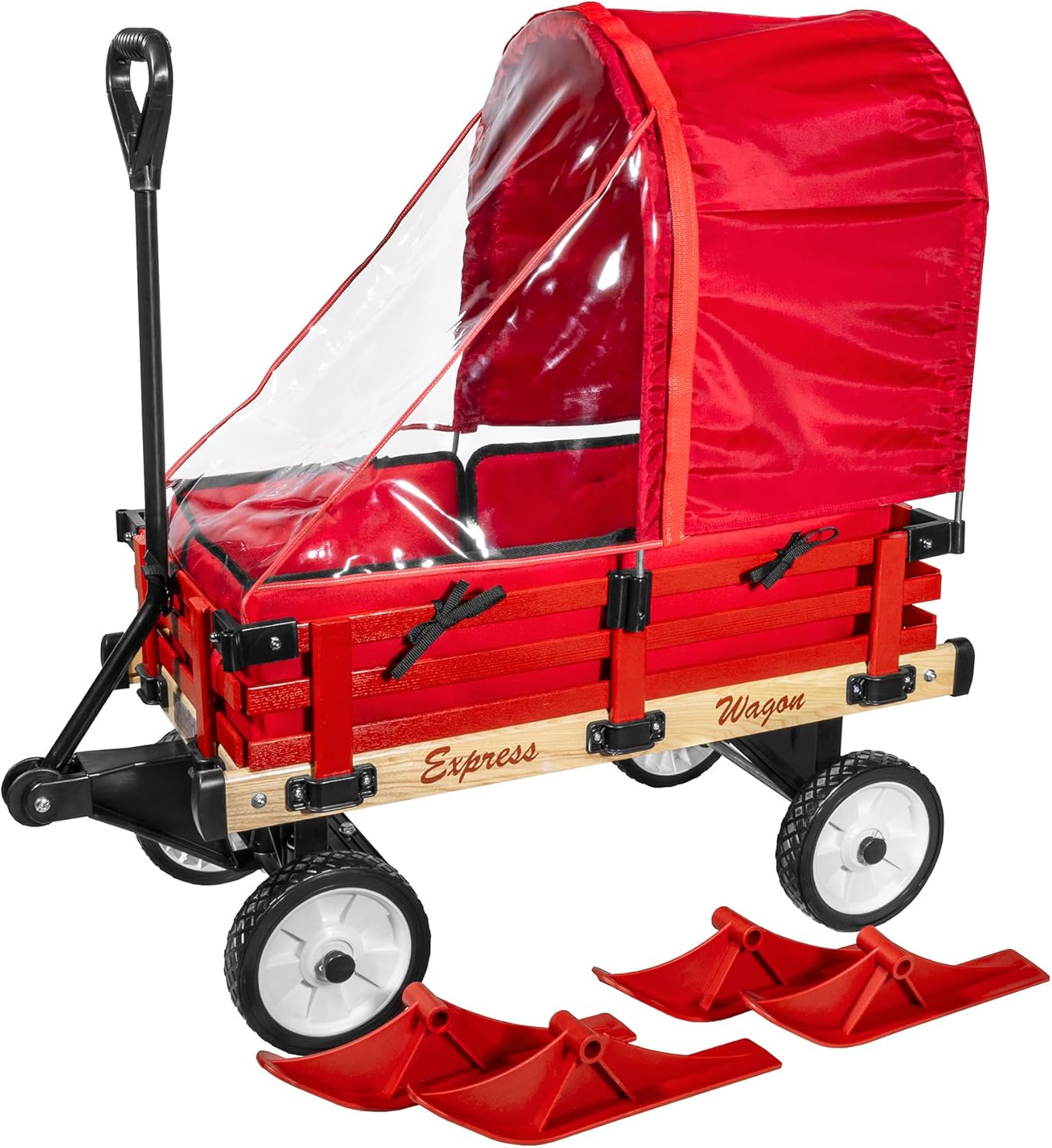 Millside Industries All Season Convertible Wood Wagon Cart with Flat-Free Tires, Sleigh Runners, Side Pads and Half Canopy with Plastic Cover Shield, Red, 16