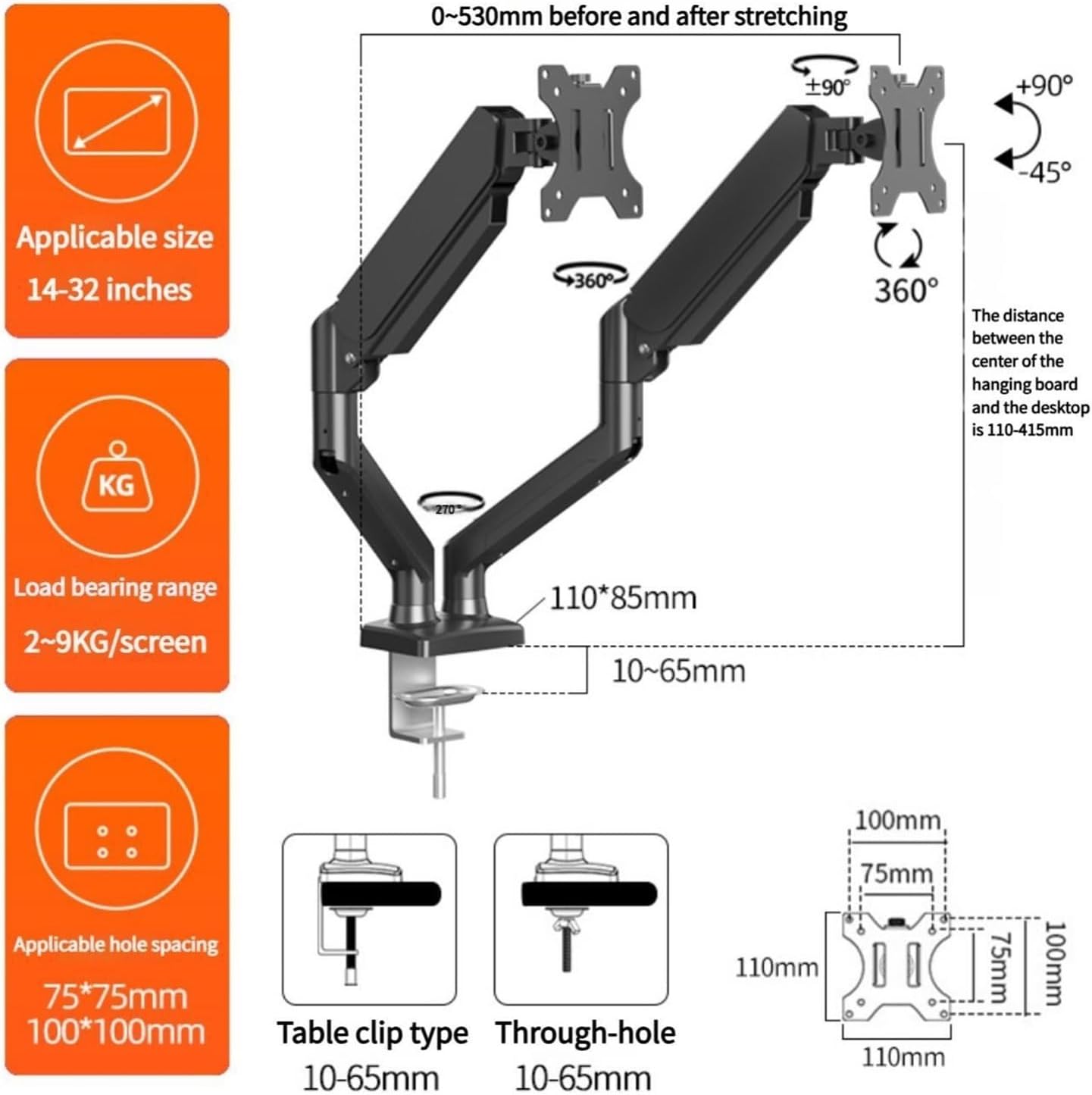 Dual monitor stand, supports up to 32 inches, 19.8 pounds per screen, adjustable monitor stand, 180° rotation, tilt, 360° swivel