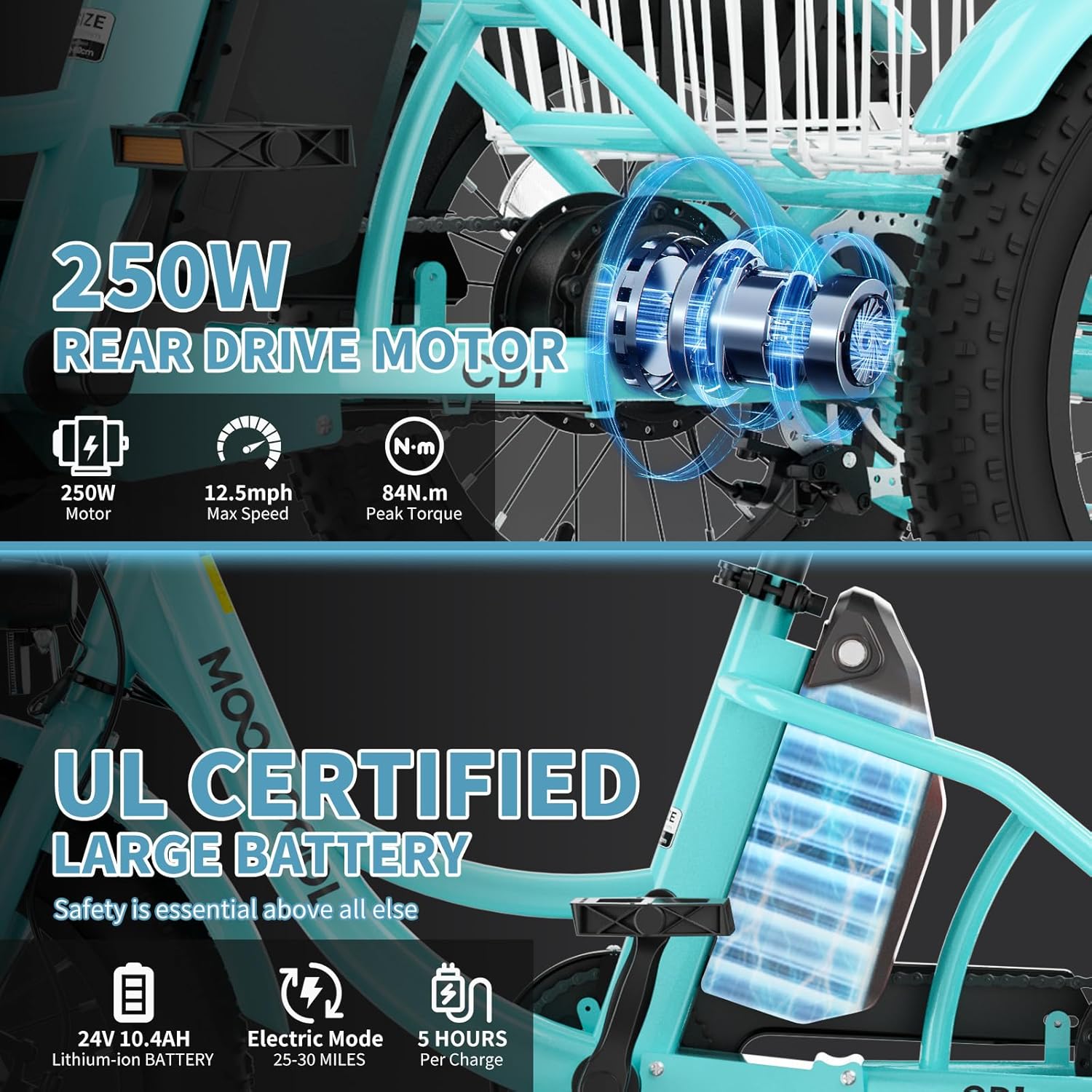 16 Inch Kids Electric Tricycle, 250W 24V Fat Tire Electric Trike, 3 Wheels Electric Bike Cruiser Bicycle, Aluminum Frame Motored Trike with Adjustable Seat and Removable Battery, Cyan