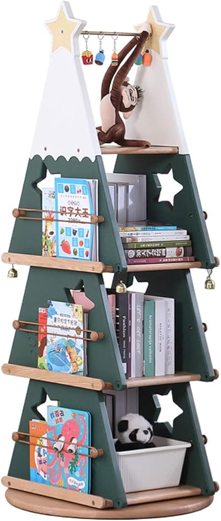 Solid Wood Rotating Bookshelf 360 Display 5 Tier Floor Standing Christmas Tree Shaped Bookcase Toy Cabinet Storage Rack for Kids & Adults