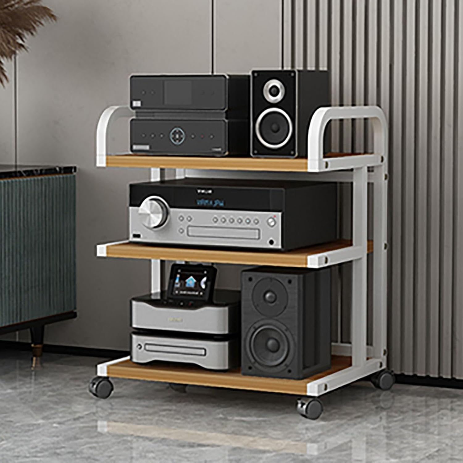 HOFSSI 3 Tier Movable Audio Stand Media Player Stand Open Storage Rack Floor-Standing Multi-Function Shelf Cabinet with Wheels for Home/Office/Audio Video/DJ/Theater 3 Colours Available (Color : D)