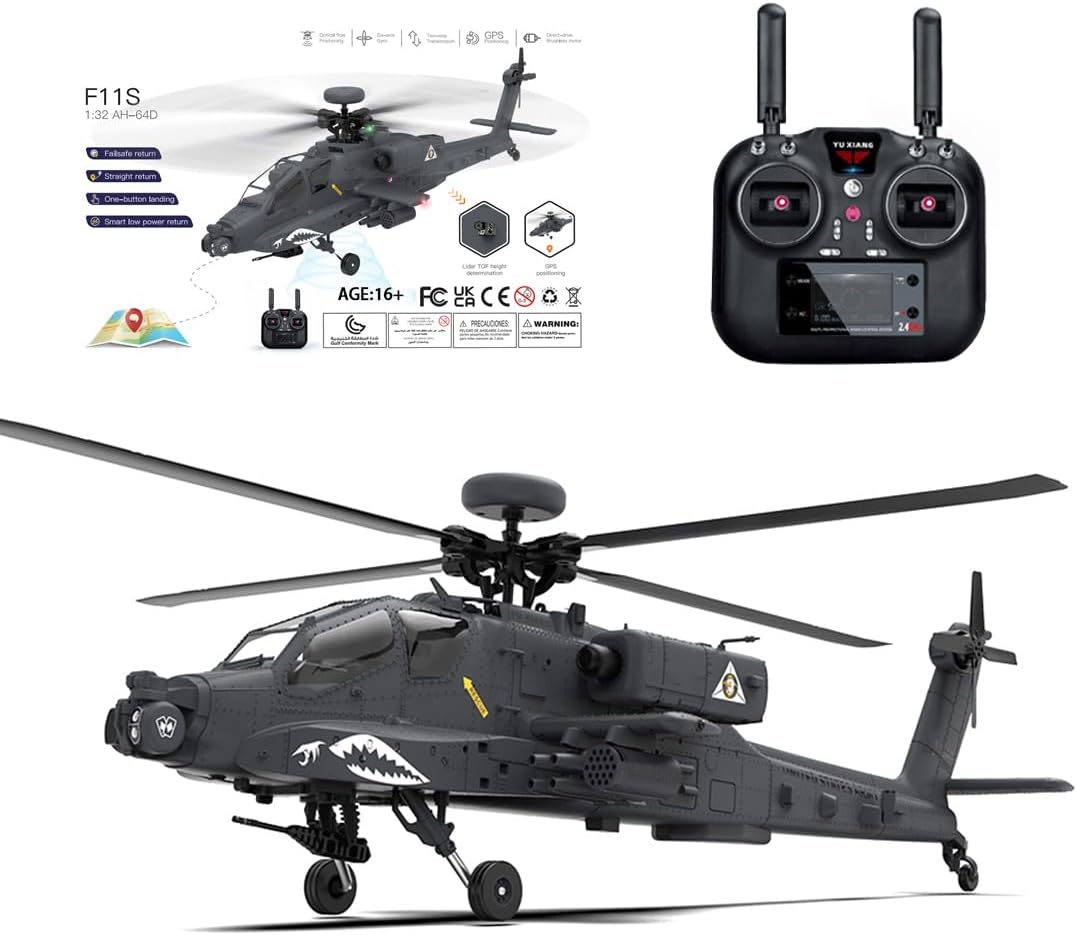 Remote Control Helicopter for Adults- 1/32 F11-S AH64 RC Helicopter with Smart GPS, 2.4G 6CH Dual-axis Co-Drive Flybarless Remote Control Airplane, Gift for Christmas Birthday