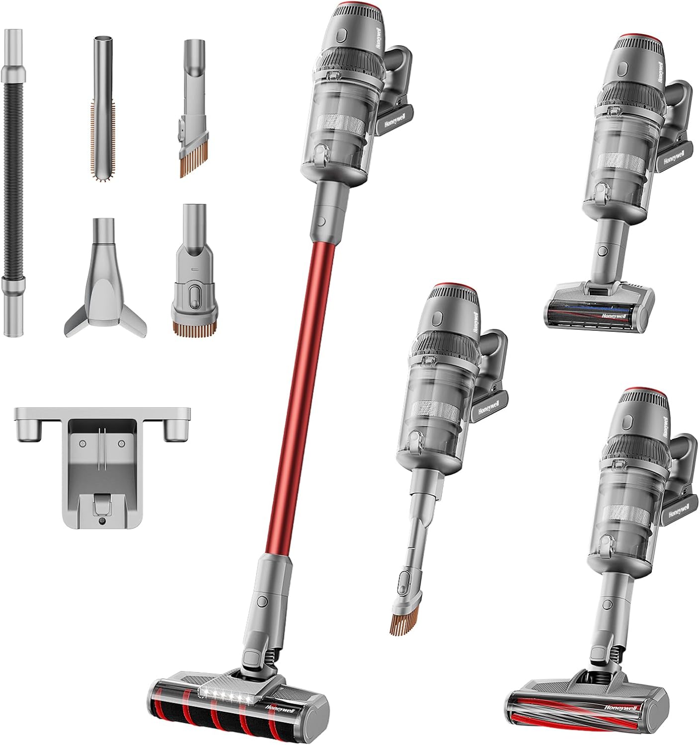 Honeywell Smart Cordless Vacuum Cleaner w/Automatic Adjustment, 10-in-1 Lightweight Stick with 3000mAh Battery 70Mins Runtime, Rechargeable Vacuum for Pet Hair/Carpet/All Floor, VC14, Graphite/Red
