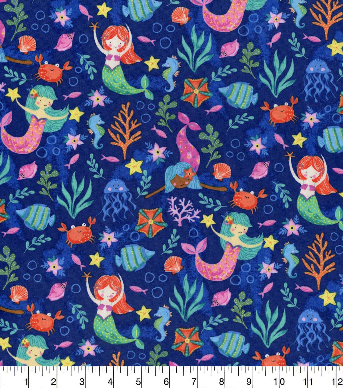 Hi Fashion Underwater Mermaids on Blue Novelty Cotton Fabric