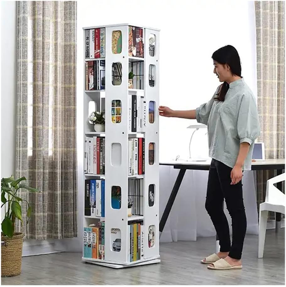 360 Degree Rotation Square Bookshelf, 6 Tier White Wooden Bookcase, Living Room Bedroom Study Corner Bookshelf Storage Rack