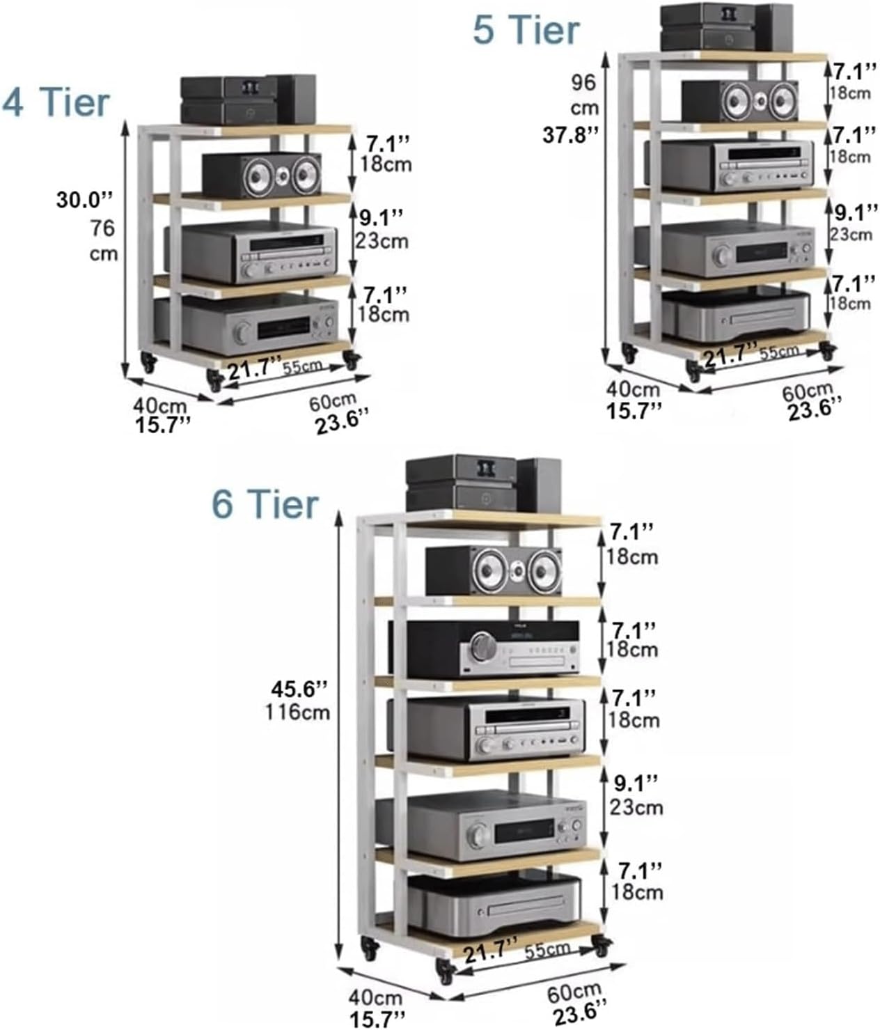 PZEOB Audio Rack Cabinet AV Media Stand Rack Wooden Open Stereo Component Cabinet with Wheels Stereo Stands Movable Rack Audio Tower(Natural