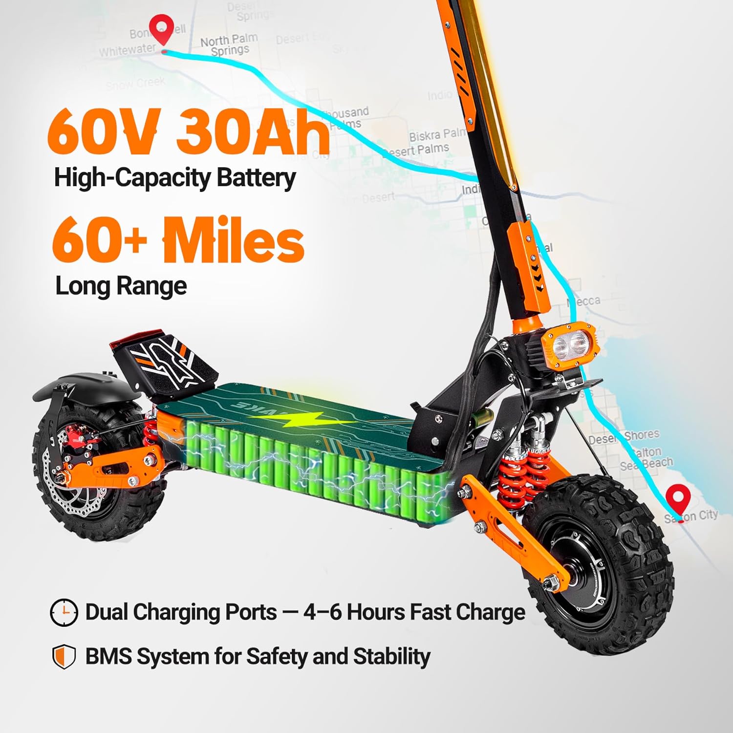 Electric Scooter for Adults, 5600W Dual Motor, 50MPH Top Speed, 60V 30Ah Battery, Up to 60 Miles Range, 11” All-Terrain Tires, Foldable E-Scooter with Detachable Seat