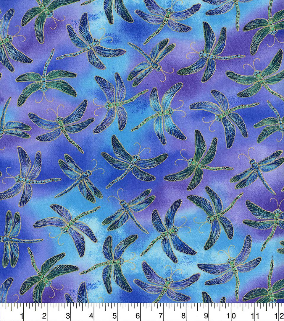 Hi Fashion Flying Dragonflies on Blue Novelty Metallic Cotton Fabric