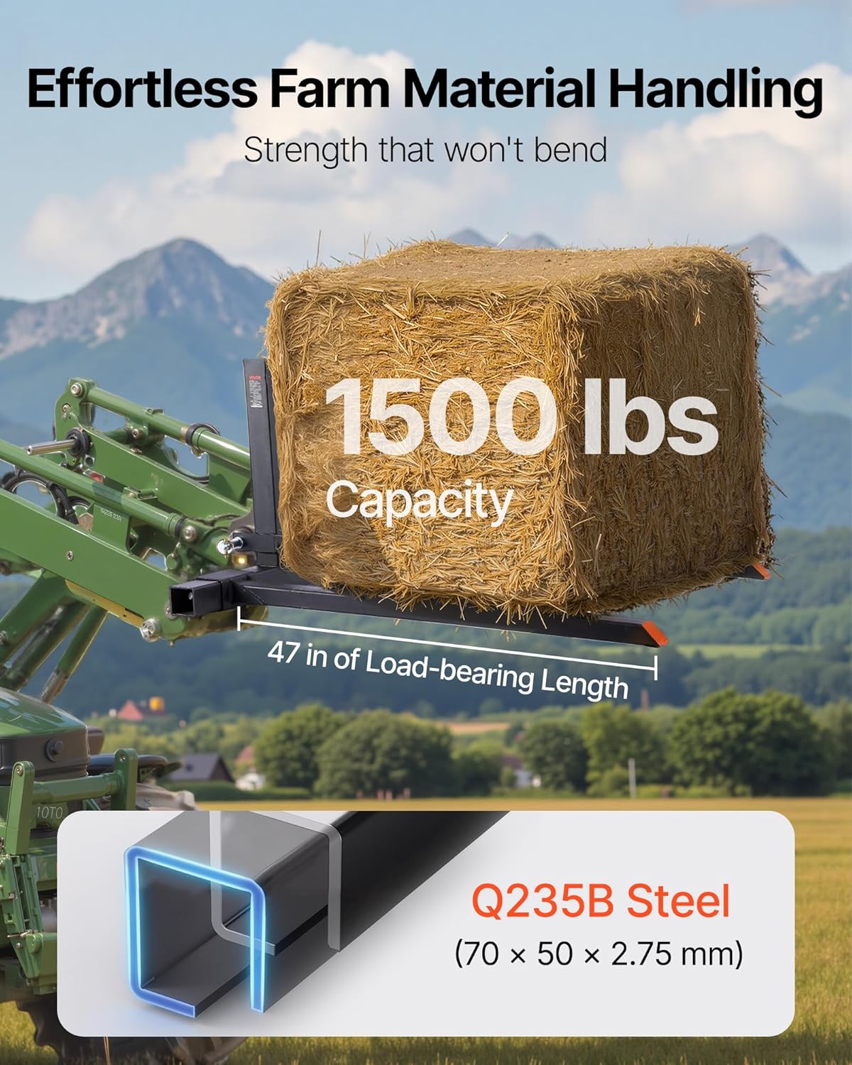 VEVOR 3 Point Hitch Pallet Forks, 1500 lbs Clamp on Pallet Forks, 50-Inch Total Length Heavy-Duty Tractor Fork with 28.9-46 Inch Adjustable Fork Width, Quick Hitch Attachments for Category 1 Tractors