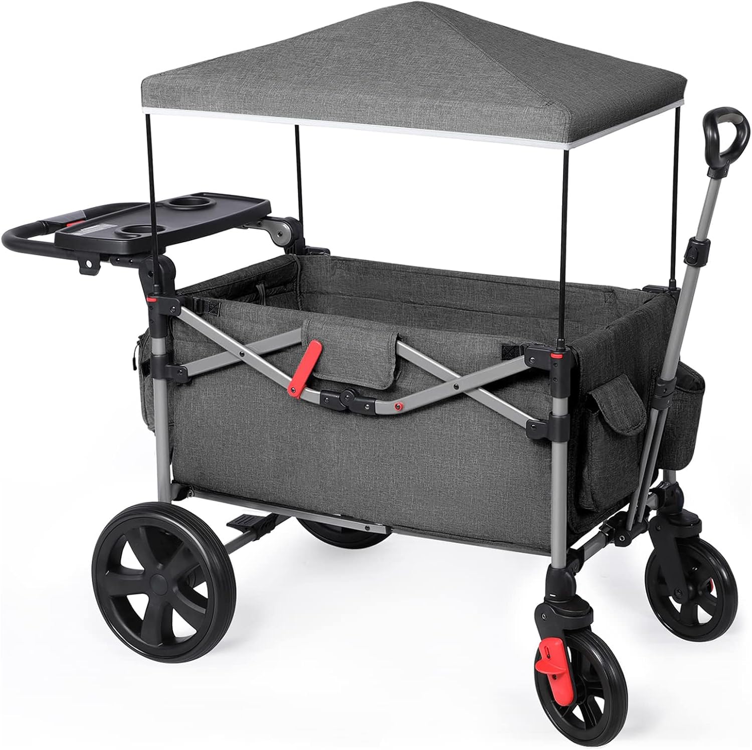 EVER ADVANCED Foldable Wagons for Two Kids & Cargo, Collapsible Folding Wagon Stroller with Adjustable Handle Bar,Removable Canopy with 5-Point Harness,Black