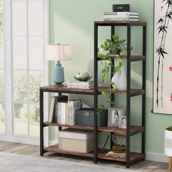 Kaireey 5-Tier Ladder Bookshelf, L-Shaped Corner Bookcase with 8 Shelves, Industrial Etagere Display Rack Storage Shelf for Living Room, Home Office, Kitchen, Vintage Brown