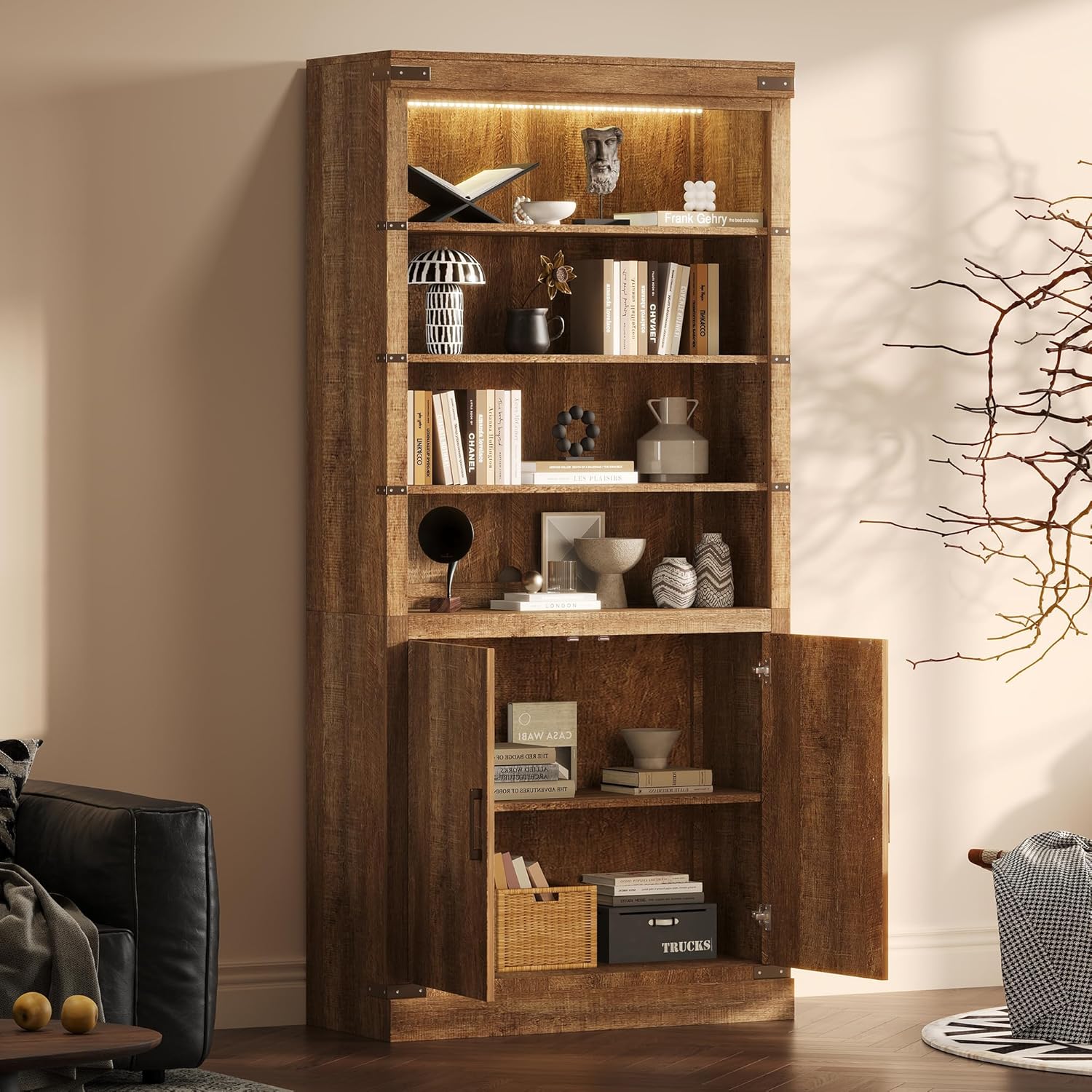 Arvolia 83.4 Inch Tall Bookcase with Doors, Wooden Freestanding Bookcase Cabinet with Adjustable Shelves and LED Light, Farmhouse Storage Bookshelf for Living Room and Home Office, Walnut