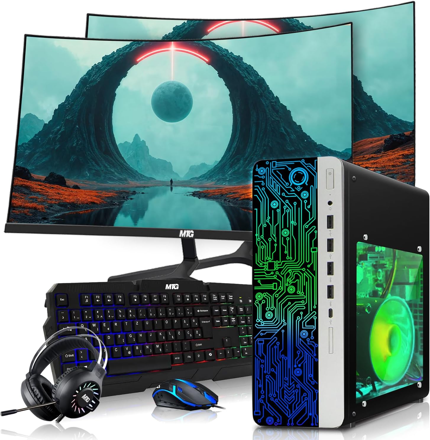 HP Gaming PC Desktop Computer – AMD Pro A10-9700,RX 550 Graphics,16GB RAM,1TB SSD,Dual 32 Inch Curved Monitor,RGB Keyboard with AI Copilot,Mouse,WiFi,RGB Headphone,Windows 11(Renewed)