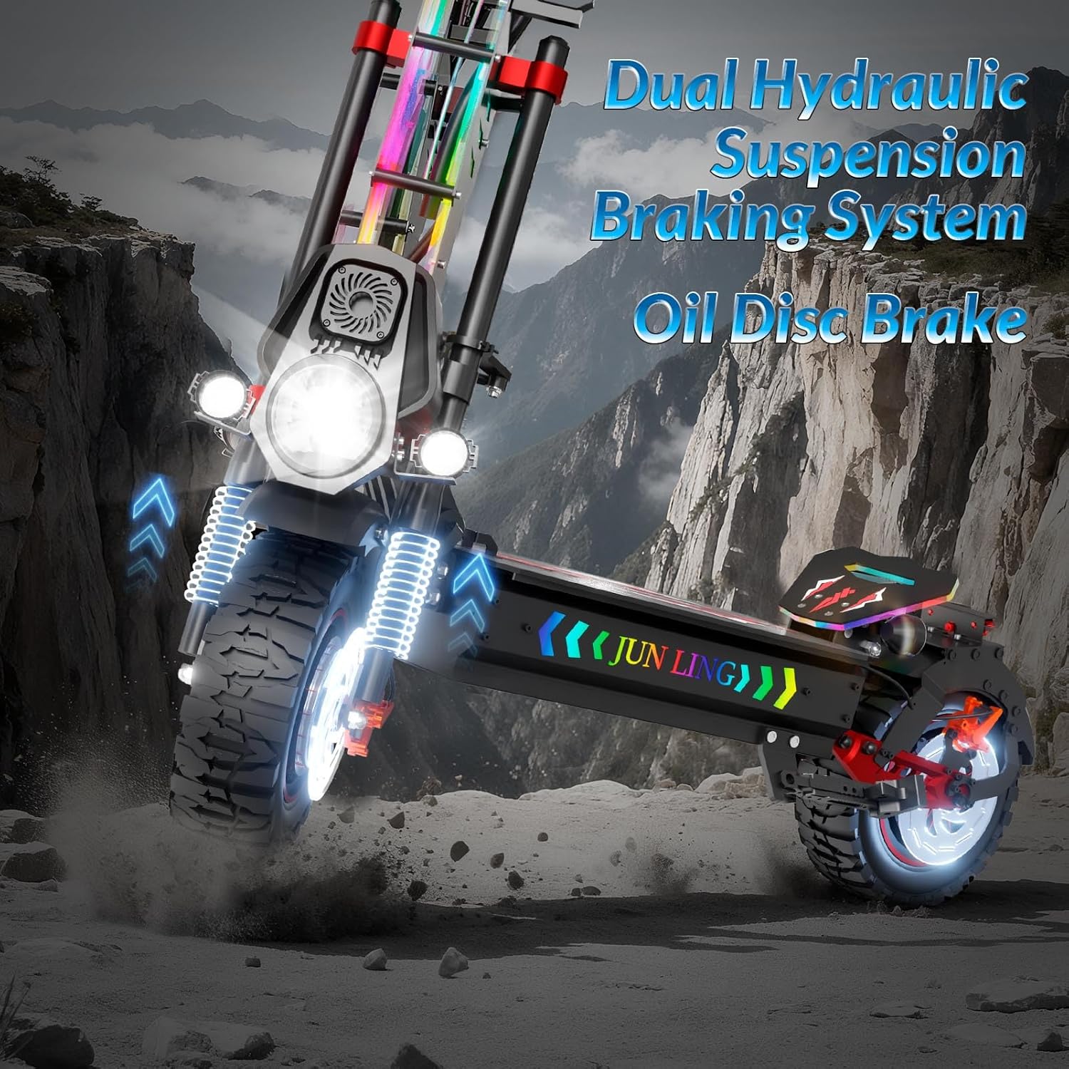 JUNLING Electric Scooter, 10000/5000/1000/900W Dual Motor, 55-31 Mph Top Speed, 75-30 Miles Max Range, 40AH/25AH/18AH/13AH Battery, Scooter for Adults with Dual Suspension Hydraulic Braking System