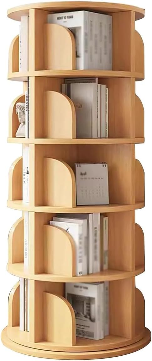 SYALEO Solid Wood Rotating Bookshelf Tower 360 Display Floor Standing Bookcase Storage Rack Wooden Revolving Book Shelf Organizer for Living Room, 5 Tier