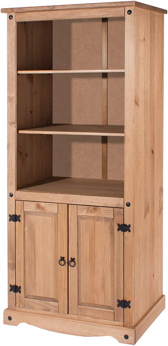 Furniture Dash - Corona Solid Wood Bookcase - Antique Brown, 3 Shelves and 2 Door Cabinet - Rustic and Durable Storage - Ready to Assemble