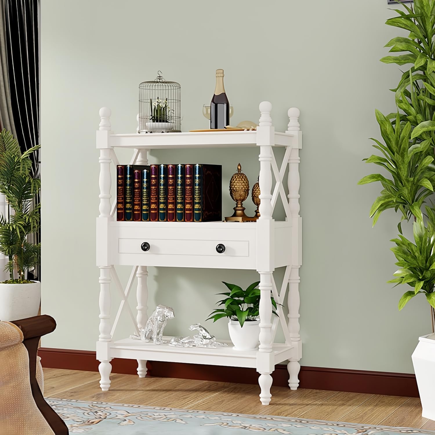 Kavie Classic Bookshelf with Large Drawer, Rubber Wood Open Bookcase & X-Shaped Frame - Vintage Storage Shelf for Study, Living Room, Retro Home Decor (White,23.6