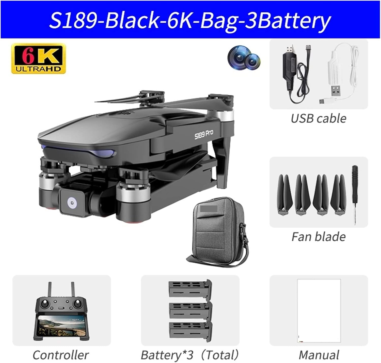 RC Drone GPS 6K HD Dual Camera 5G WiFi FPV Brushless Motor Foldable Quadcopter Helicopter Long Battery Life (Color : Black-6K-3B-Bag Size : 1)