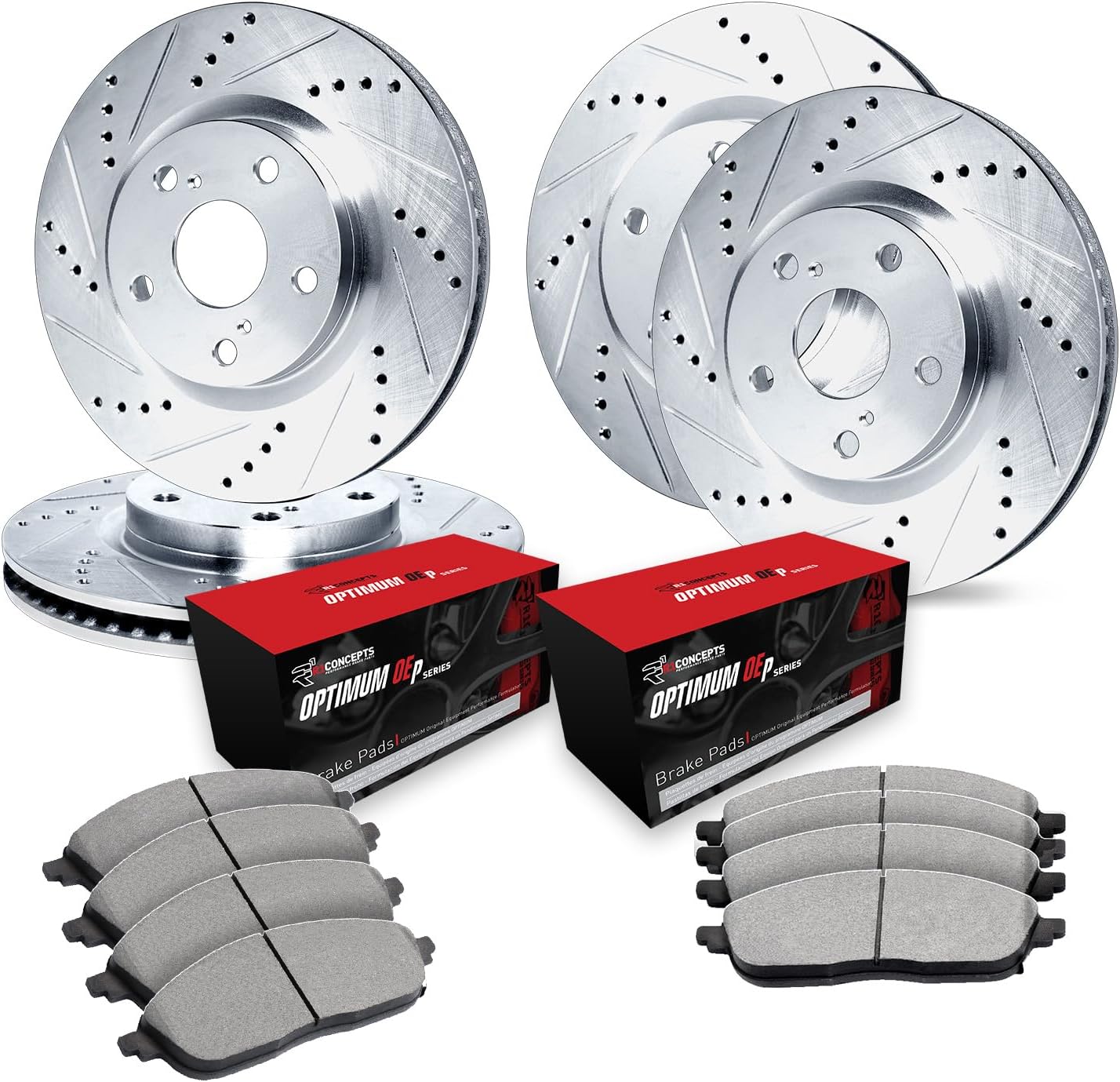 R1 Concepts Front and Rear Brake Kit For 2017-2020 Lexus GS; 2015-2022 Lexus RC F| Drilled Slotted Brake Rotors| Optimum Oep Brake Pads and Rotors Kit