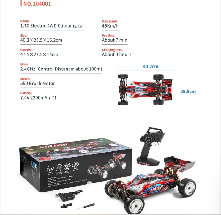 WLtoys XKS 104001 RC Car 45km/h High Speed Racing Car 1/10 2.4GHz RC Buggy 4WD Racing Off-Road Drift Car (104001 2 * 2200mAH)