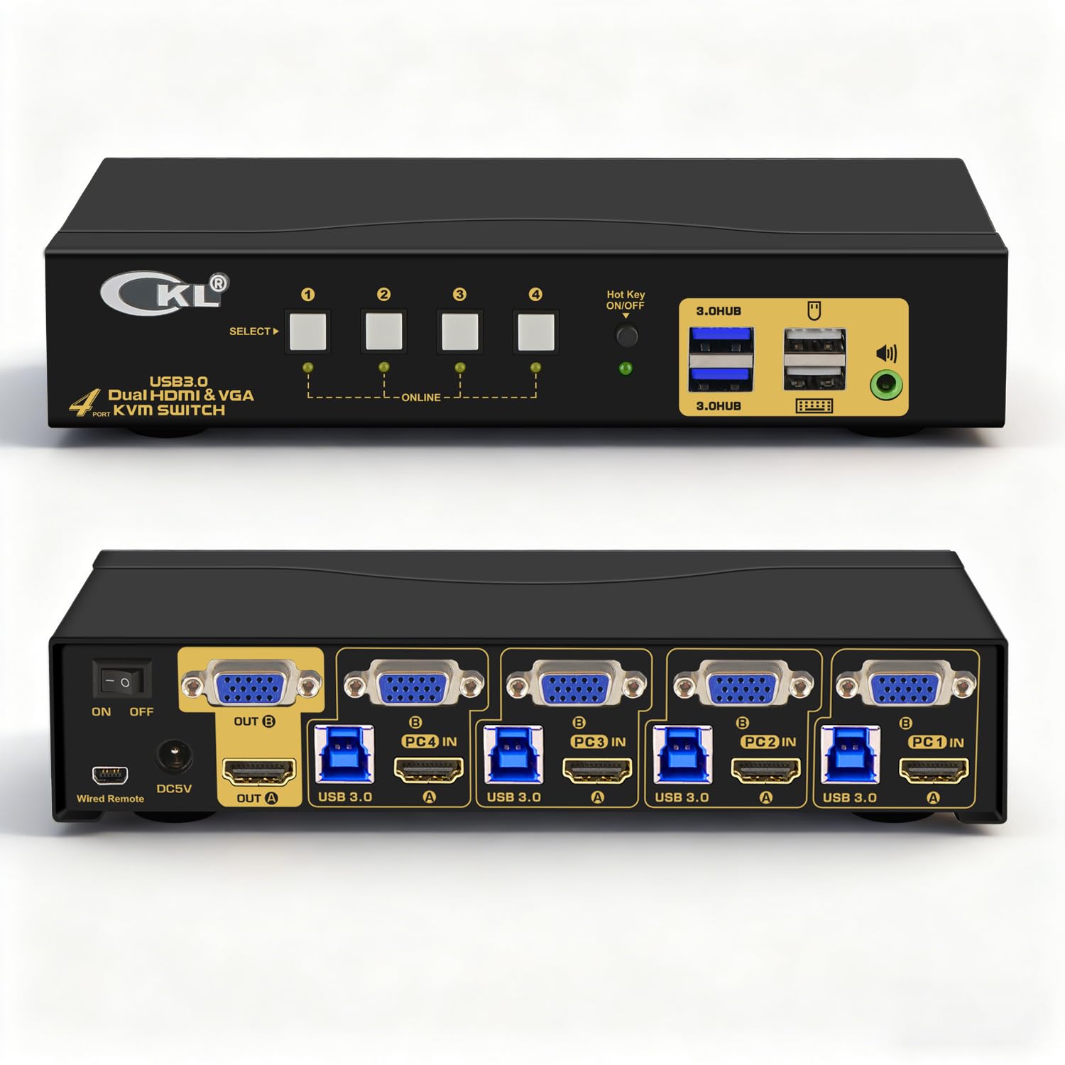 CKL KVM Switch Dual Monitor HDMI 4K@60Hz + VGA (2 Monitors 4 Computers 942HV-3) for Home and Office to Console Desktops/Laptops, Support USB 3.0, Hot Key, Audio, Wireless Keyboard and Mouse