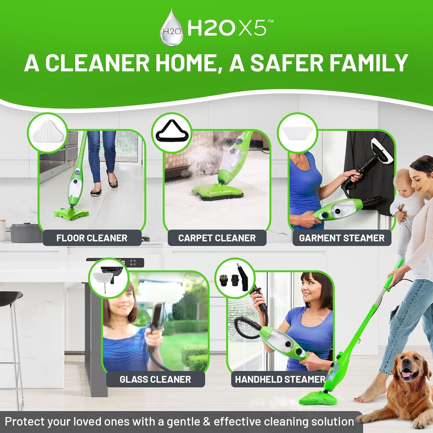 H2O X5 5-in-1 Multi-Purpose Steam Mop, Handheld Steam Cleaner, Adjustable Height, Removable Tank, Large Capacity, Rapid Heat Up, Steam Control, Lightweight, High Pressure