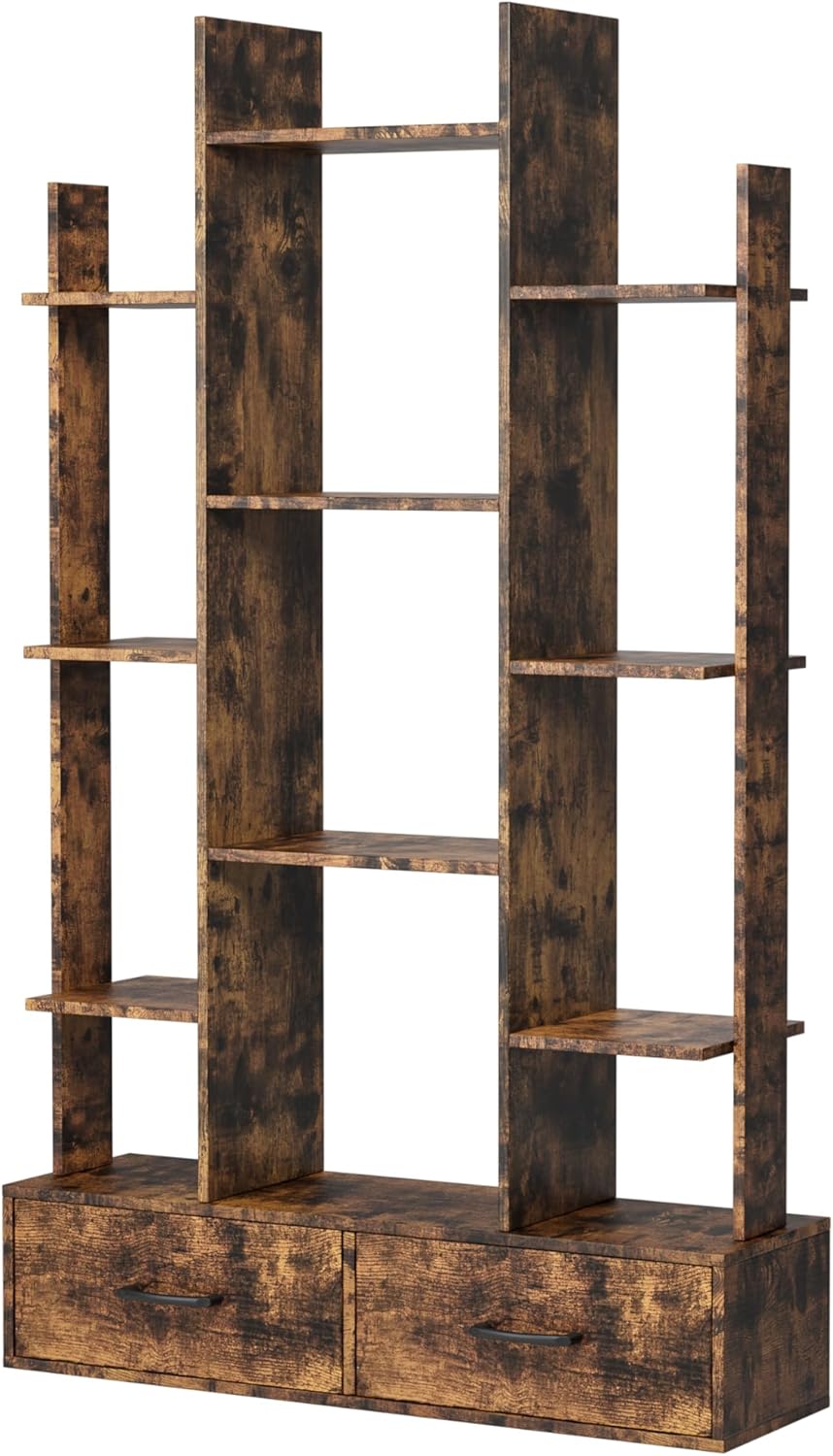 Bookshelf with 2 Drawers, Industrial Freestanding Open Display Shelving, Vintage Open Bookcase, 12 Storage Shelves, Book Case for Bedroom, Living Room, Home Office, Rustic Brown