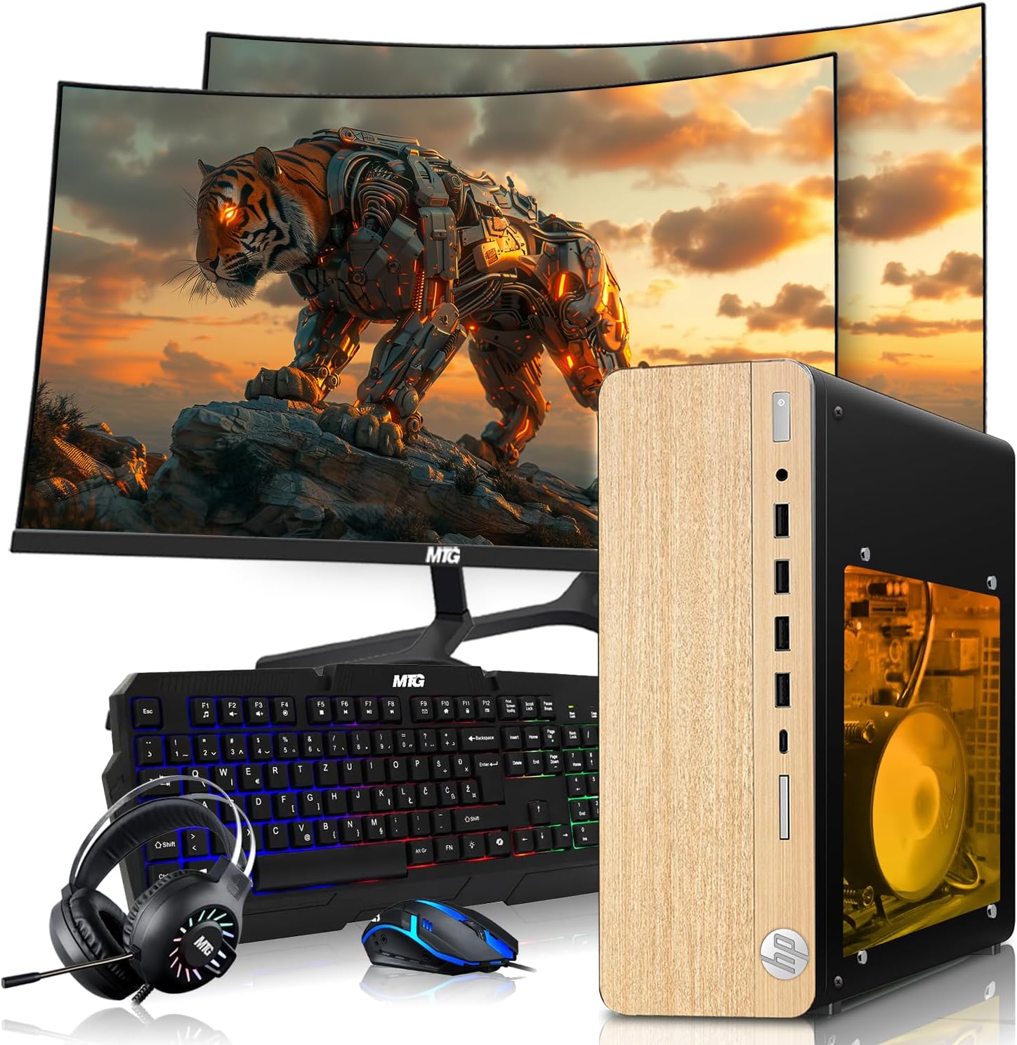 HP Full Light Gaming PC Desktop Computer – AMD Pro A10-9700,RX 550 Graphics,16GB RAM,1TB SSD,Dual 27 Inch Curved Monitor,RGB Keyboard with AI Copilot,Mouse,WiFi,RGB Headphone,Windows 11(Renewed)