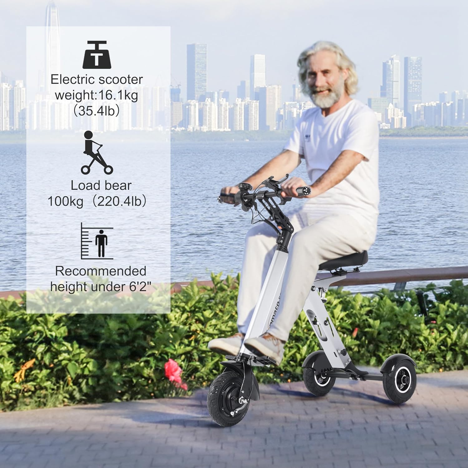 TopMate ES33 Powered Scooter 3 Wheels Foldable Tricycle with Seat for Adults, Lightweight Electric Scooter with Removable 36V 7.8AH Battery, Reverse Function & Key Switch for Commute and Travel