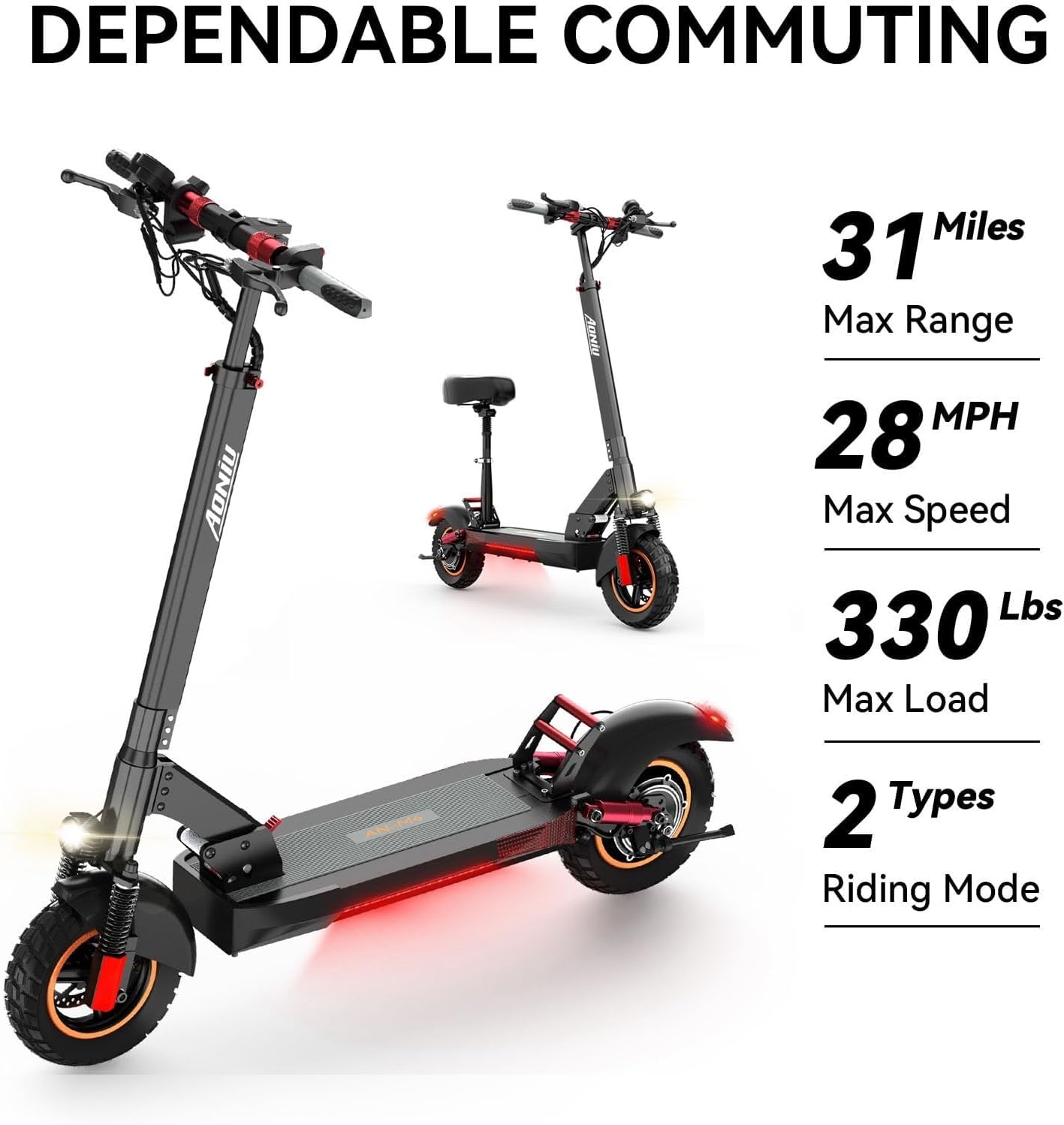 AONIU M4 Electric Scooter for Adults with seat 25-30 mph Fast Speed Heavy Duty 300 lbs 31 Miles Long Range Foldable e Scooter 10 inch Off Road Tires Mobility Folding e Scooters for Girls Men Teens.
