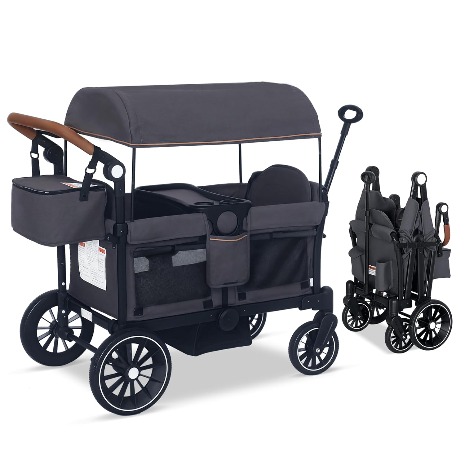 Stroller Wagon for 2 Kids, Push & Pull Kids Cart with Safety Harnesses, Foldable All-Terrain Stroller with Adjustable Handle, Removable Canopy, Snack Tray, Large Storage Bag, Gray
