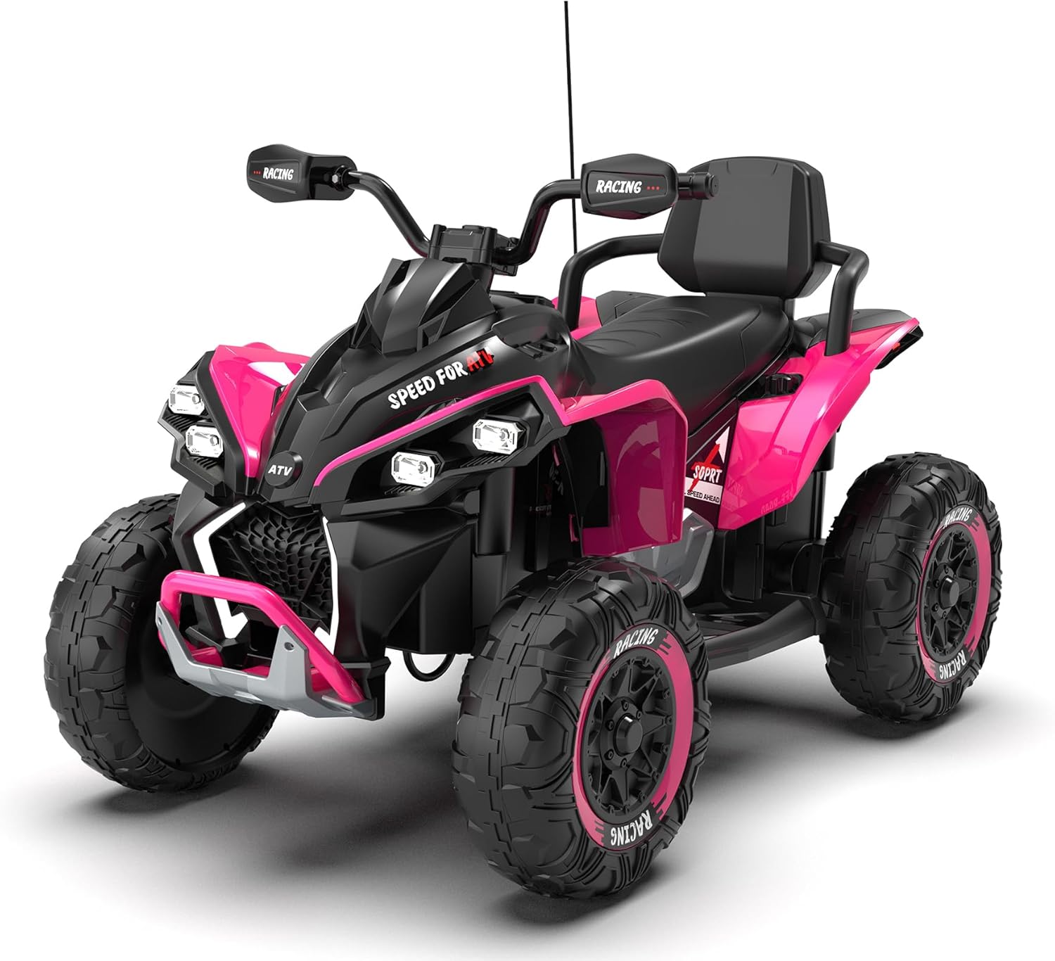 24V Kids Electric ATV with Remote Large Size All Terrain Vehicle 4 Wheel Suspension Ride On Shock Absorbers English Stories Music and Lights for Ages 3-12 Black and Pink Polypropylene