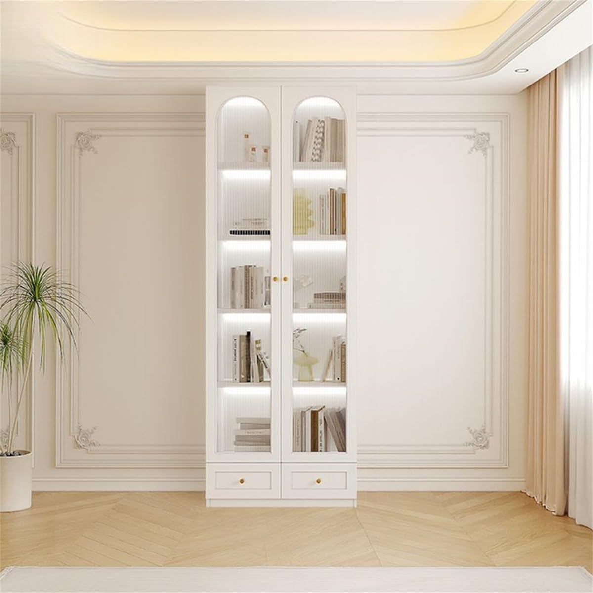 KWOKING 5-Layer Wood Barrister Bookcase with Multiple Drawers & Shelves Bookcase Bookshelf Integrated Home Living Room Study Cabinet Modern Display Cabinet Shelf White 31