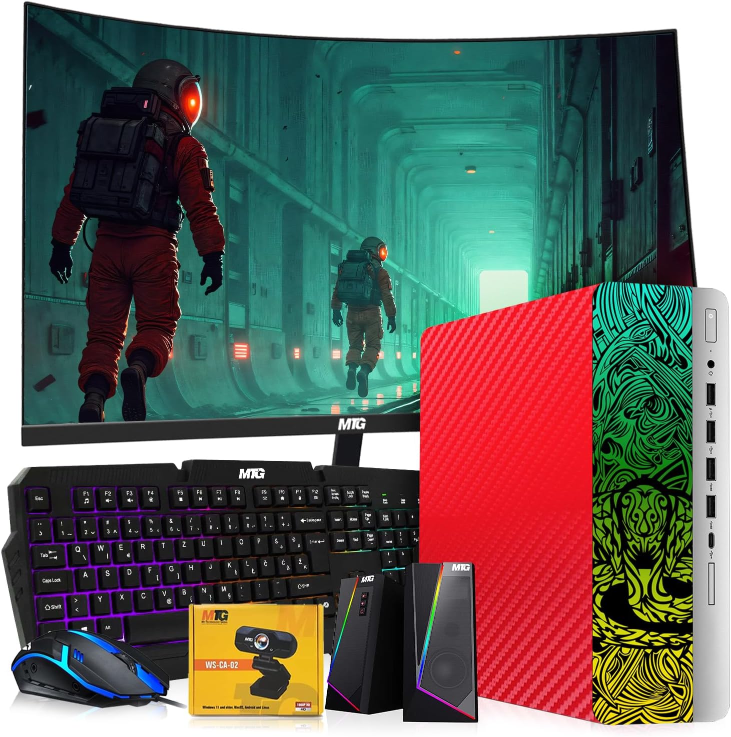 TechMagnet HP Carbon Red Cobra Edition RGB Gaming Desktop PC,Intel Core i7,16GB DDR4 RAM,512GB SSD,GT 1030 Graphics Card,24 Inch Curved Monitor,RGB Kit,Webcam,Windows 11 (Renewed)