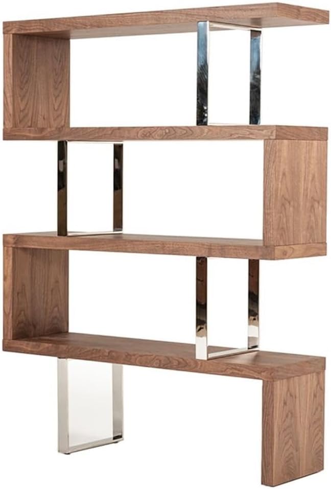 Modrest Maze Modern Wood & Stainless Steel Bookcase in Walnut Finish