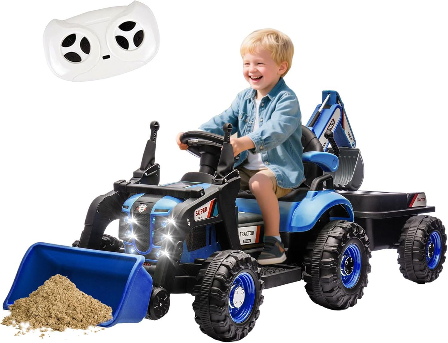 Ride on Tractor with Trailer, 12V Battery Powered Electric Tractor Toy w/Remote Control, Children's Electric Vehicle with 3 Speed Adjustable, USB, LED Lights, Audio, Safety Belt (Blue)