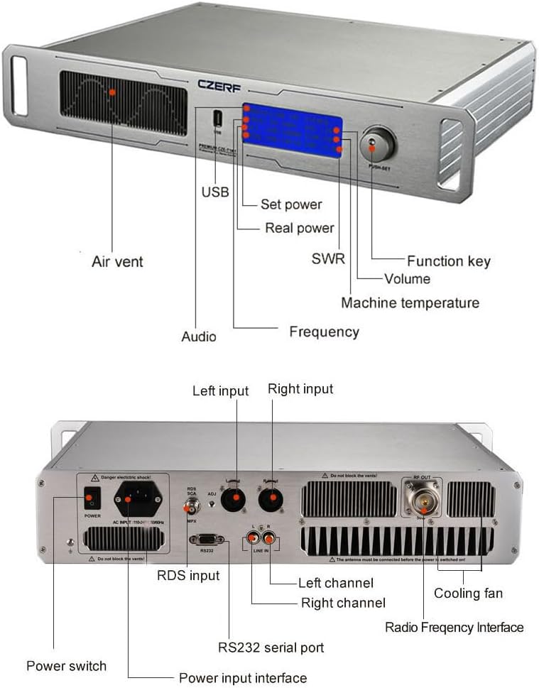 CZERF CZE-T1K1 1000W Professional FM Broadcast Transmitter, 0-1000W Adjustable Power with ±10PPM Stability, Includes 20m Dipole Antenna for Radio Station & Wide Area Coverage 220V