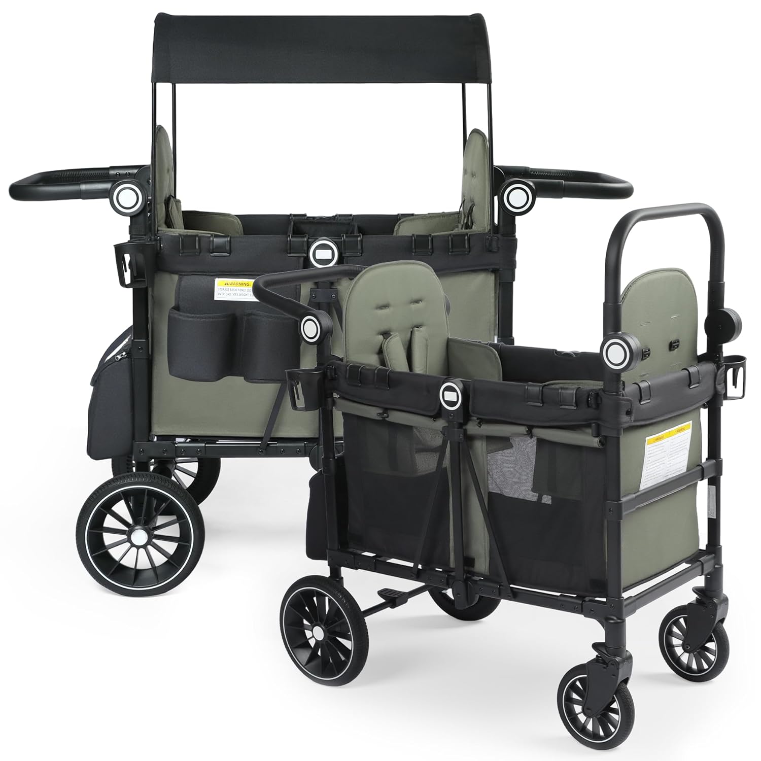 Stroller Wagon for 2 Kids, Foldable Push Wagon for Toddlers Baby with Canopy, Large Storage, 5-Point Harness, Adjustable Handle for Family Outdoor Activities, Black