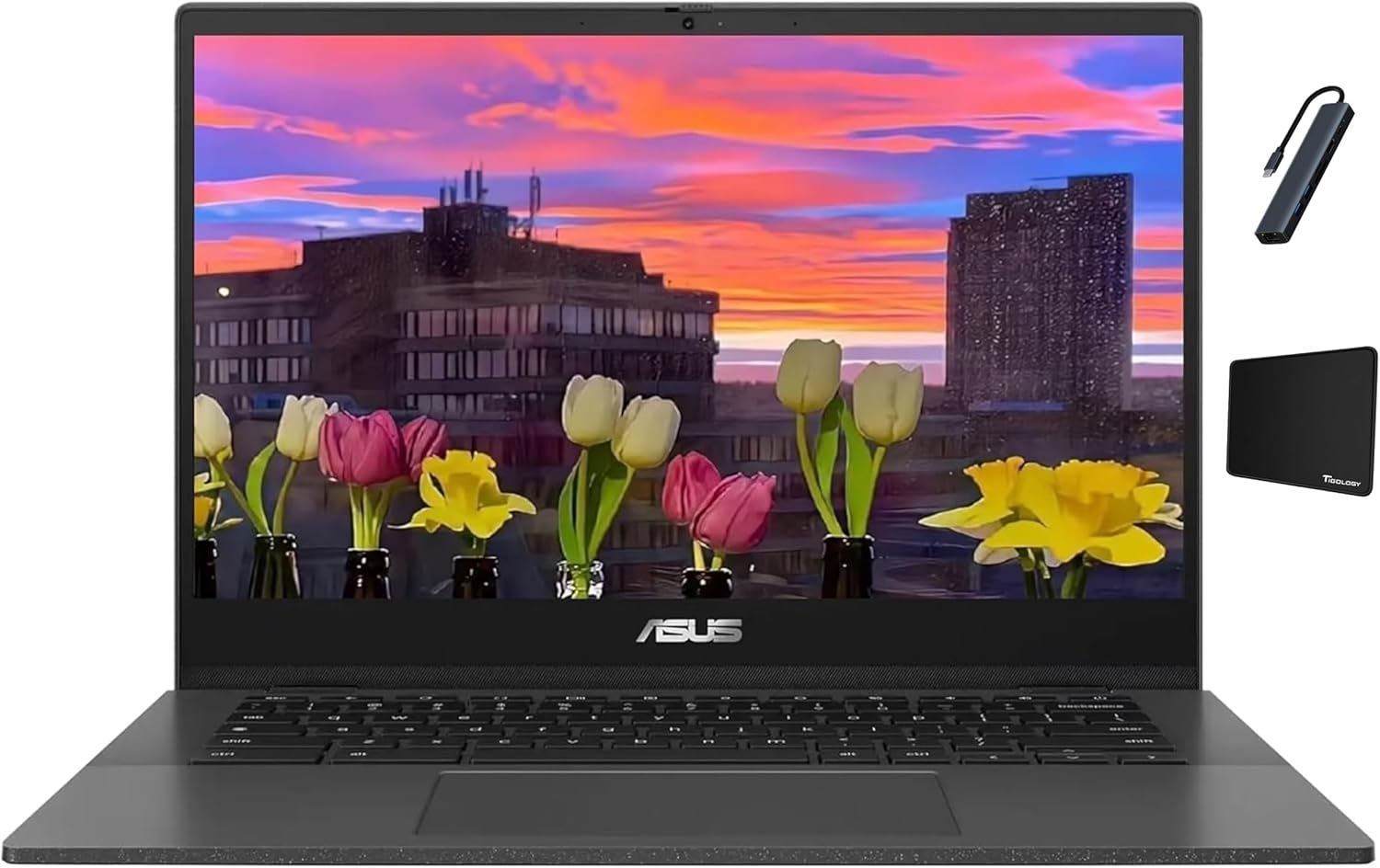 ASUS Chromebook 14 inch FHD Display Laptop, MediaTek Kompanio 520, 4GB Memory, 64GB eMMC, Media Card Reader, Gravity Gray, Chrome OS with TGY Accessories