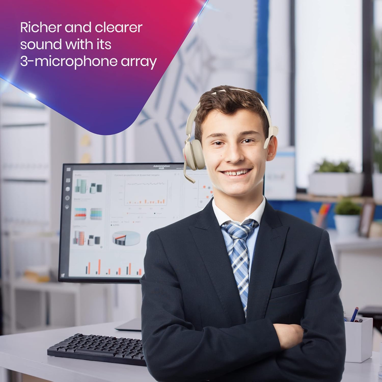 Jabra Evolve2 65 MS Wireless Bluetooth Headsets Mono W/Stand, Bluetooth Dongle, Compatible with Teams, Zoom, Skype, Smartphones, Tablets, PC/MAC, 26599-899-988, Global Teck Gold Support Plan Included