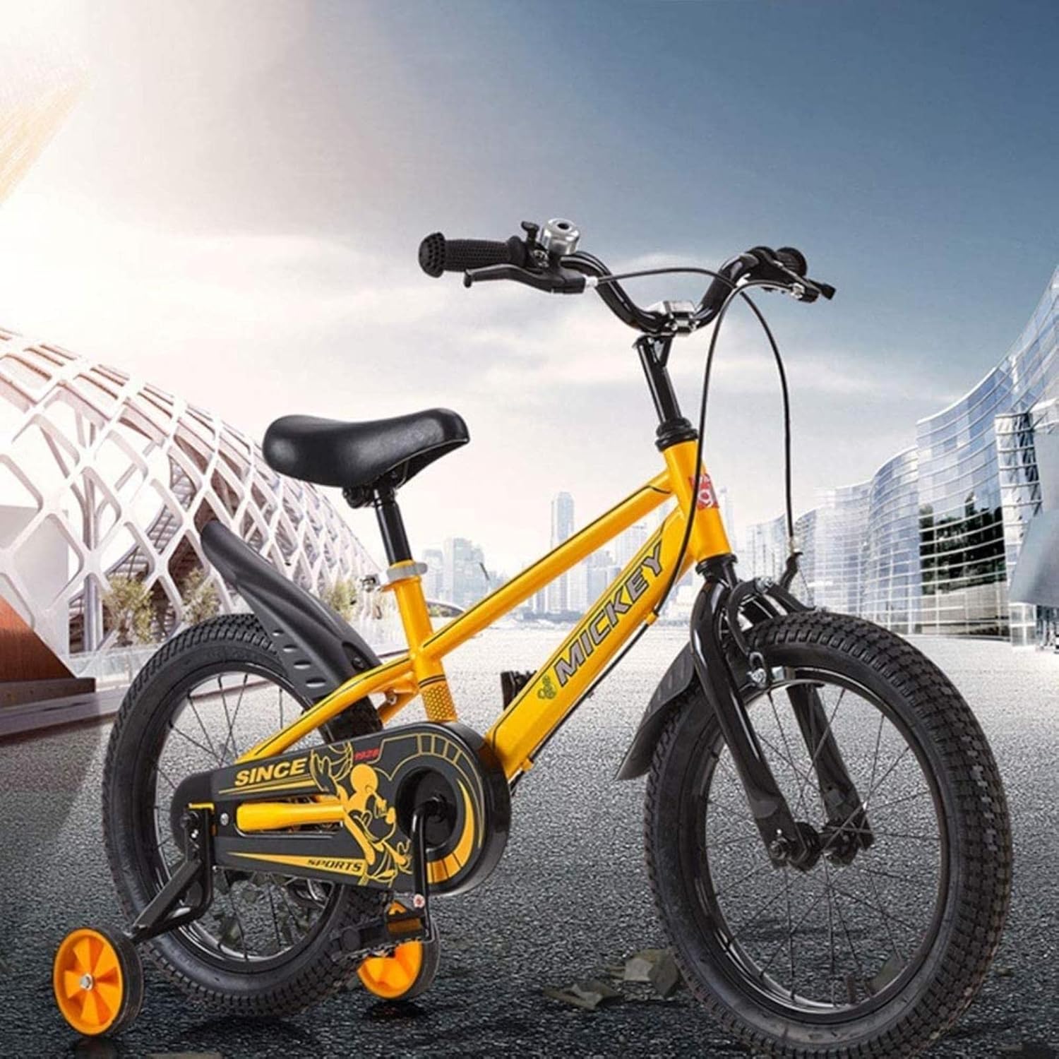 Original 12 Inch Girls' Bike Yellow Bike with Front Basket Training Wheels and Mudguards