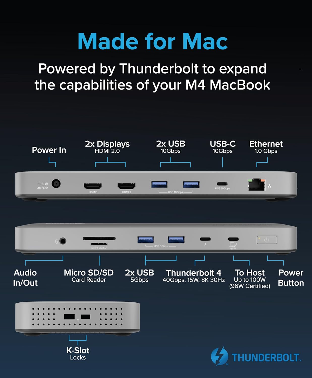 Plugable Thunderbolt 4 Dock for M4 MacBook Air & M5 Pro: 100W Charging Driverless Laptop Docking Station with 4K HDMI Dual Monitor or Single 6K, 6X USB, SD, Ethernet, Thunderbolt Certified (TBT-UDM)